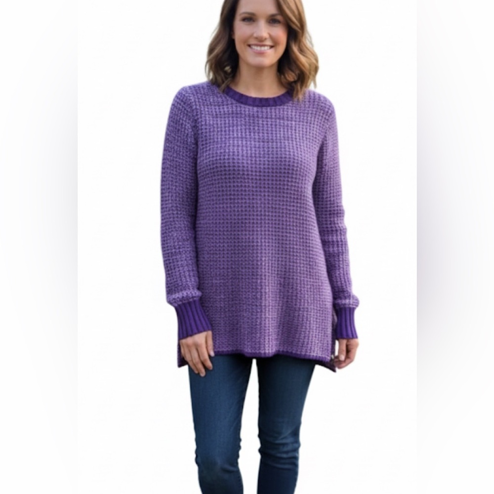 Denim&Co Purple Tunic Crew Neck Sweater size Large Petite with extended sides
